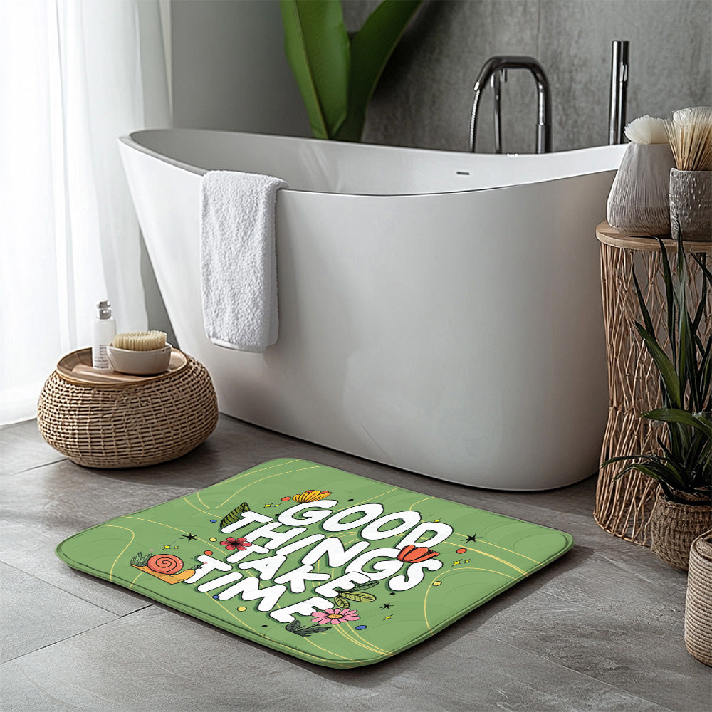 Non Slip Floor Mat Rug :Cute Green Floral Anti Skid Mat, Motivational “Good Things Take Time” Rug, Cozy Entry & Bathroom Decor
