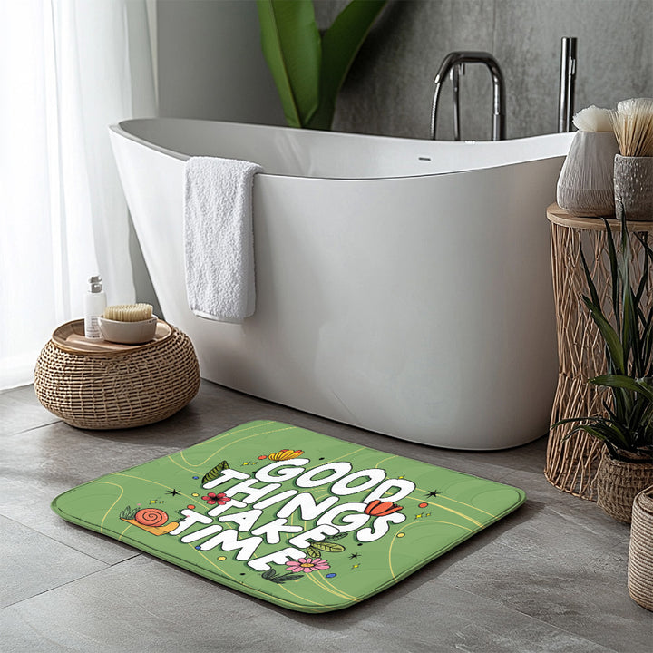 Non Slip Floor Mat Rug :Cute Green Floral Anti Skid Mat, Motivational “Good Things Take Time” Rug, Cozy Entry & Bathroom Decor
