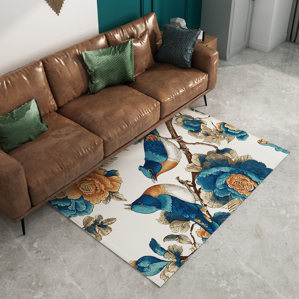 Non-Slip Premium Area Floor Rug: Blue Bird Floral Pattern: Vintage Botanical Art Carpet, Soft Decor Mat for Living Room & Bedroom