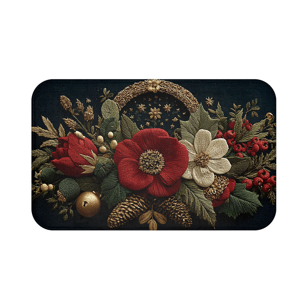 Non Slip Floor Mat Rug: Christmas Floral Anti Skid Mat, Elegant Holiday Decor Rug, Cozy Seasonal Comfort for Winter Homes