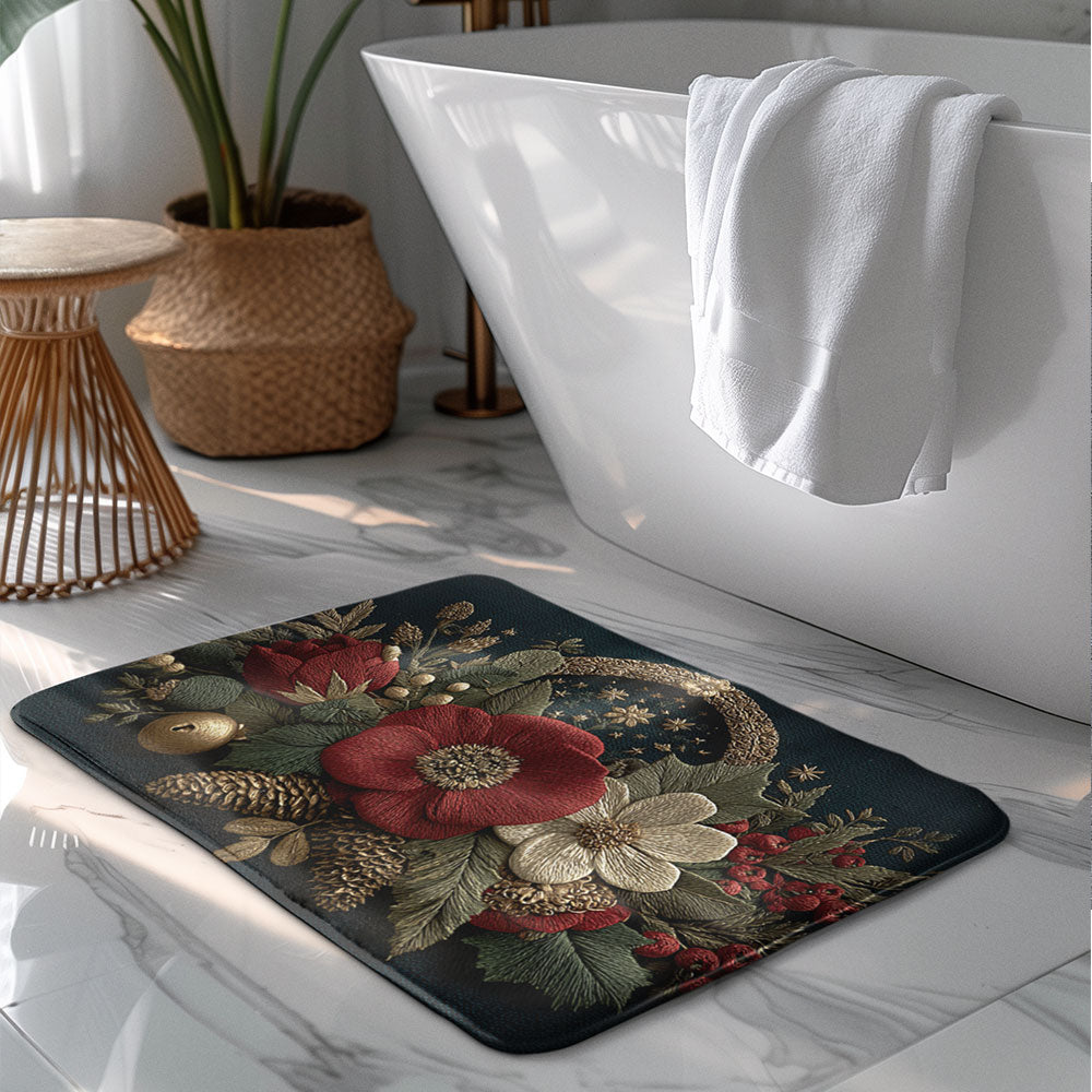 Non Slip Floor Mat Rug: Christmas Floral Anti Skid Mat, Elegant Holiday Decor Rug, Cozy Seasonal Comfort for Winter Homes