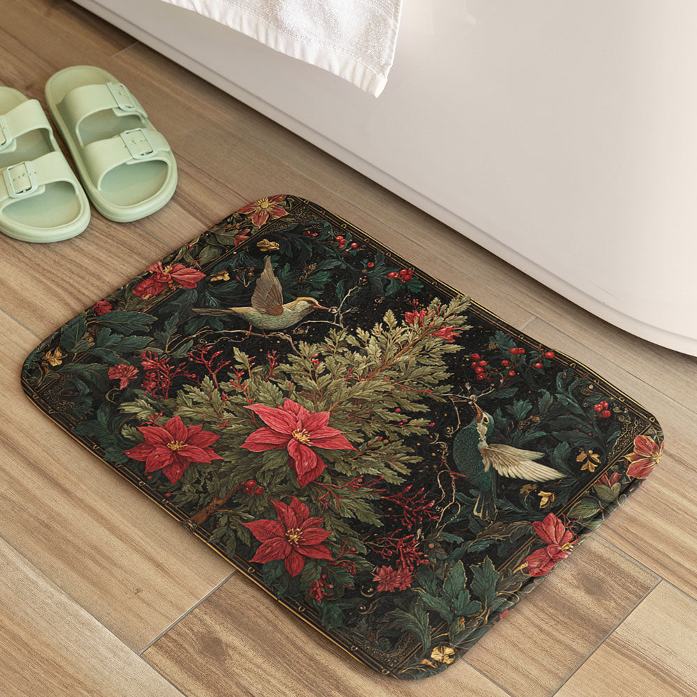 Non Slip Floor Mat Rug: Botanical Christmas Anti Skid Mat, Floral Holiday Rug Decor, Cozy Seasonal Comfort for Festive Homes