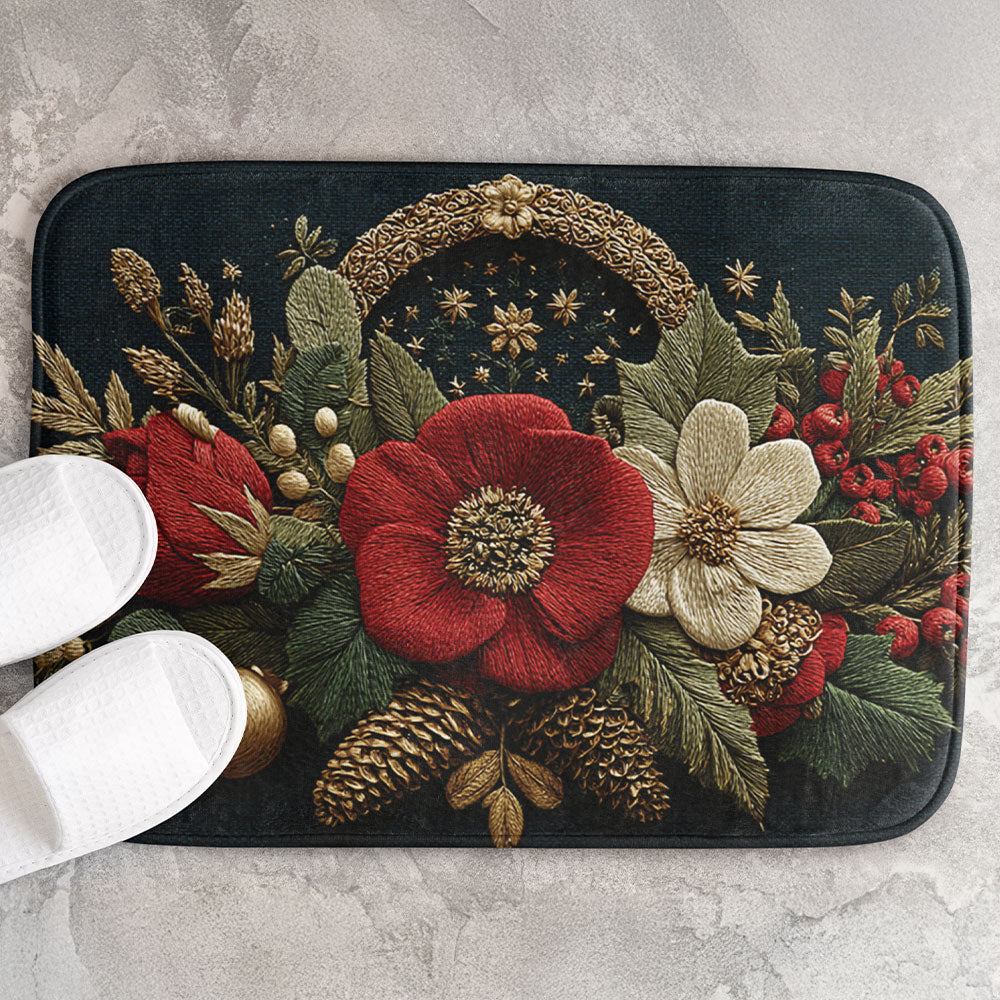 Non Slip Floor Mat Rug: Christmas Floral Anti Skid Mat, Elegant Holiday Decor Rug, Cozy Seasonal Comfort for Winter Homes