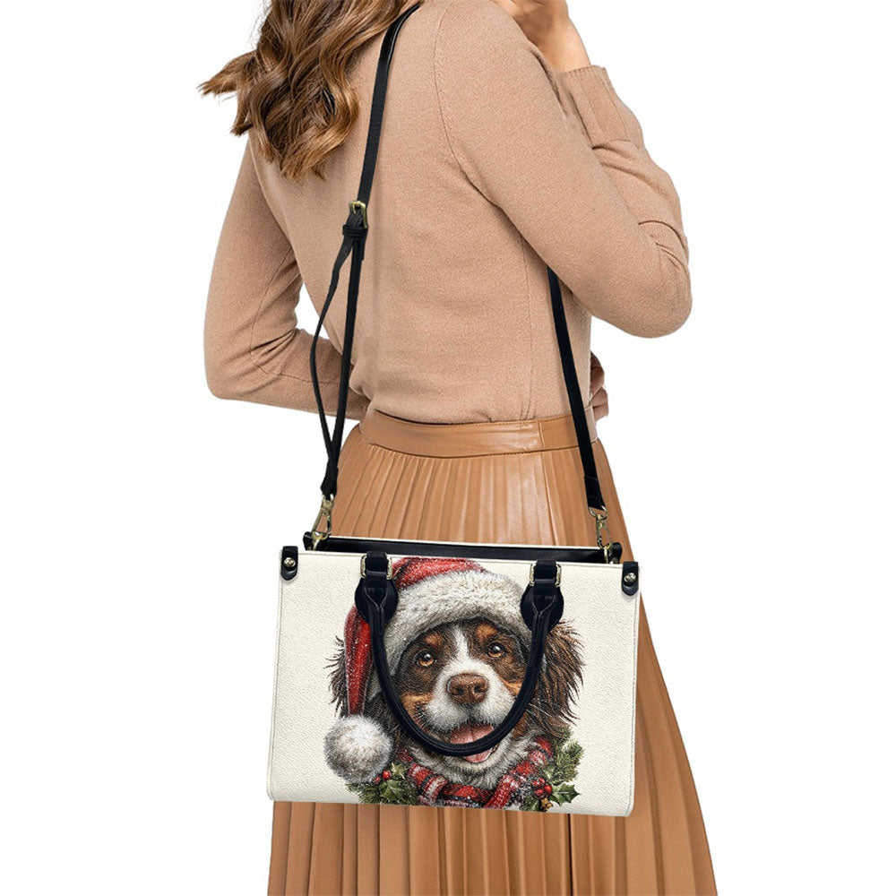 Premium Leather Handbag Springer Spaniel Christmas Dog Art Print Tote Bag: Holiday Cute Pup Purse for Women, Festive Gift Idea, Unique Seasonal Keyword