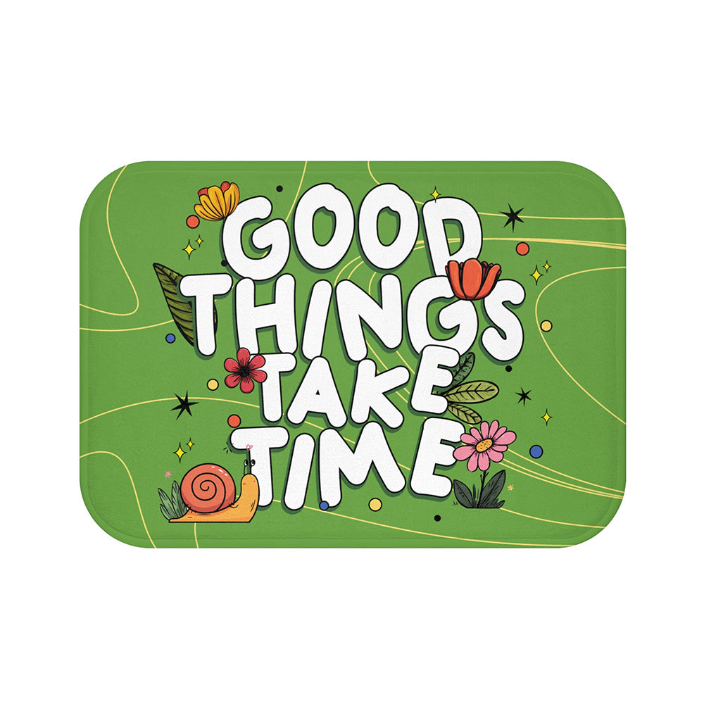 Non Slip Floor Mat Rug :Cute Green Floral Anti Skid Mat, Motivational “Good Things Take Time” Rug, Cozy Entry & Bathroom Decor