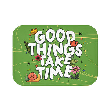 Non Slip Floor Mat Rug :Cute Green Floral Anti Skid Mat, Motivational “Good Things Take Time” Rug, Cozy Entry & Bathroom Decor