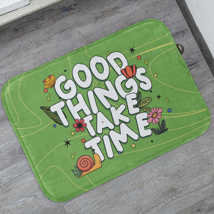Non Slip Floor Mat Rug :Cute Green Floral Anti Skid Mat, Motivational “Good Things Take Time” Rug, Cozy Entry & Bathroom Decor