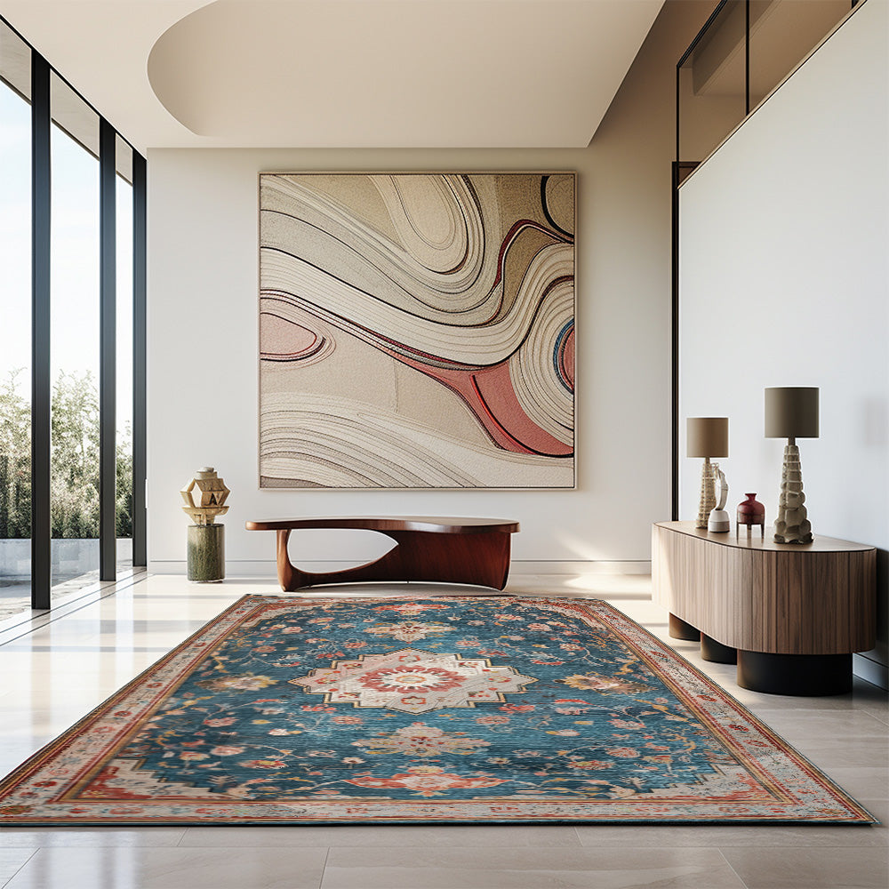 Non-Slip Area Floor Rug: Vintage Oriental Floral Carpet. Boho Medallion Pattern Rug for Living Room & Bedroom Décor