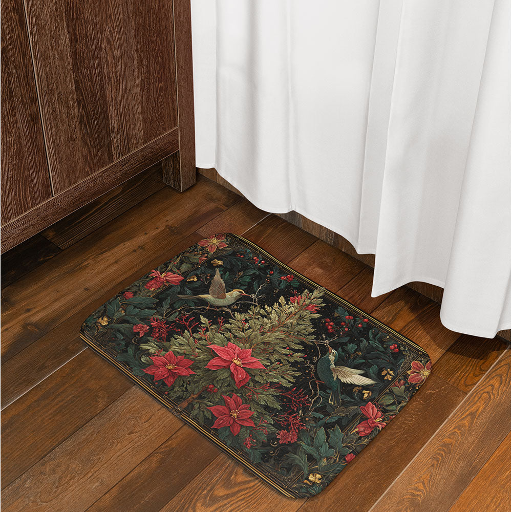 Non Slip Floor Mat Rug: Botanical Christmas Anti Skid Mat, Floral Holiday Rug Decor, Cozy Seasonal Comfort for Festive Homes