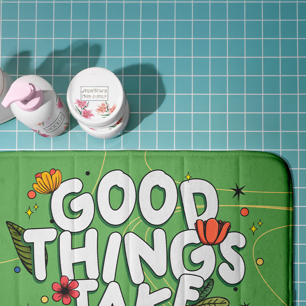 Non Slip Floor Mat Rug :Cute Green Floral Anti Skid Mat, Motivational “Good Things Take Time” Rug, Cozy Entry & Bathroom Decor