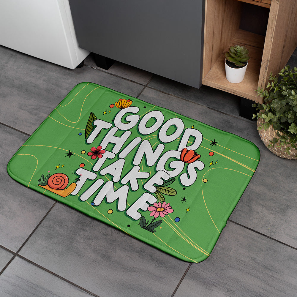 Non Slip Floor Mat Rug :Cute Green Floral Anti Skid Mat, Motivational “Good Things Take Time” Rug, Cozy Entry & Bathroom Decor