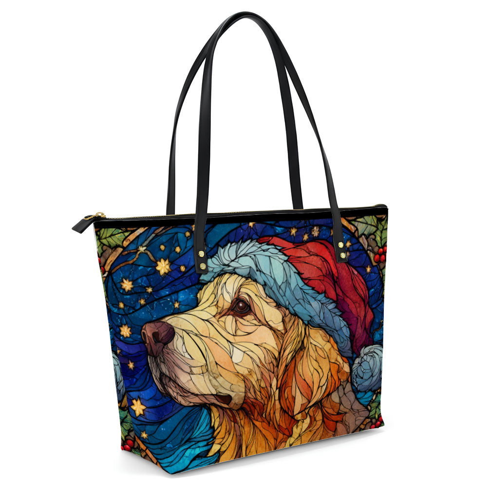 Premium Leather Tote Bucket Bag: Stained Glass Dog Art Tote, Golden Retriever Bag Gift for Dog Lovers, Christmas Pet Mom Handbag