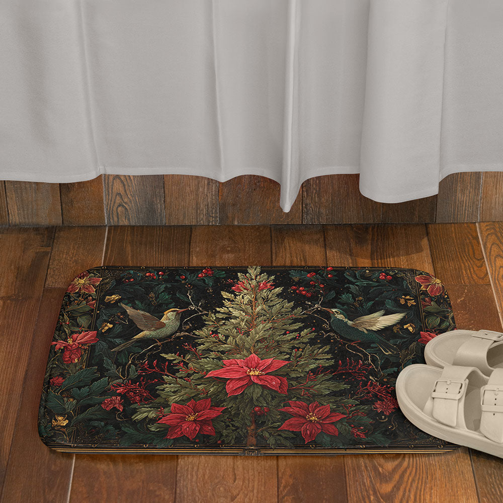 Non Slip Floor Mat Rug: Botanical Christmas Anti Skid Mat, Floral Holiday Rug Decor, Cozy Seasonal Comfort for Festive Homes